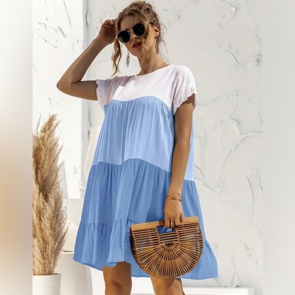 Boho Blue Color Block Tiered Tunic Deess - Picture 3 of 4